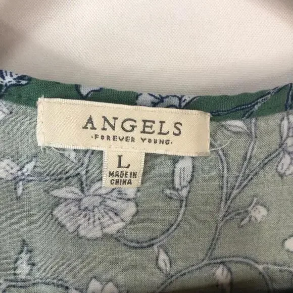 Charming Green Floral Puff Sleeve Dress by Angels Forever Young Tie at Neck - Picture 5 of 7